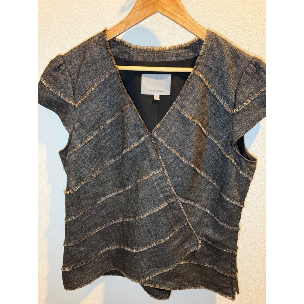 Classiques Entier Grey Textured Fringed Wrap V-Neck Cap Sleeve Top XL